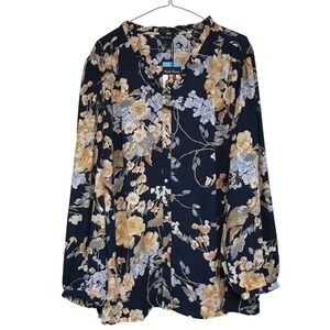 Well Worn Navy Blue Floral Button Down Ruffle Neck Blouse Top 3X NWT